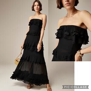 J. Crew Collection strapless tiered ruffle maxi dress black chiffon size 6